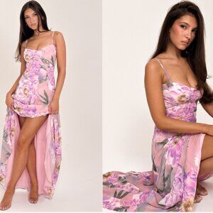 HOUSE OF CB 'Seren' Pink Floral Print Lace Back Maxi Dress NWOT
